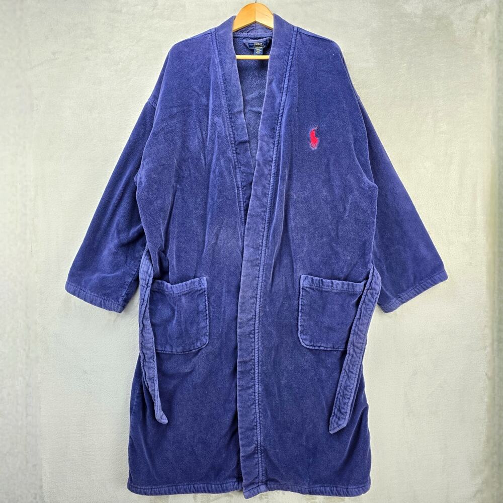 Polo Ralph Lauren Bath Robe Mens L/XL Navy Blue Terry Pockets Big Pony Red